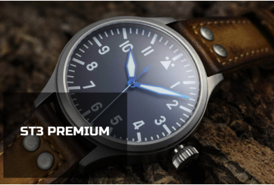 Nahaufnahme der Steinhart ST3 Premium Fliegeruhr mit braunem Lederarmband. Die Uhr liegt auf einer Steinoberfläche. Das dunkelblaue Zifferblatt zeigt weiße Zahlen und markante Zeiger mit blauer Umrandung. Unten links steht in weißer Schrift: „ST3 PREMIUM“