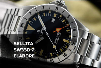Steinhart Watches Ocean One Vintage GMT Taucheruhr mit schwarzem Zifferblatt, Edelstahlgehäuse und "Sellita SW330-2 Elabore" Schriftzug.