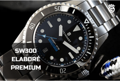 Steinhart Watches Ocean One Titanium 500 Premium Ceramic mit dem SW300 Elaboré Premium Werk, schwarzem Zifferblatt, leuchtenden Markern und Edelstahlarmband.